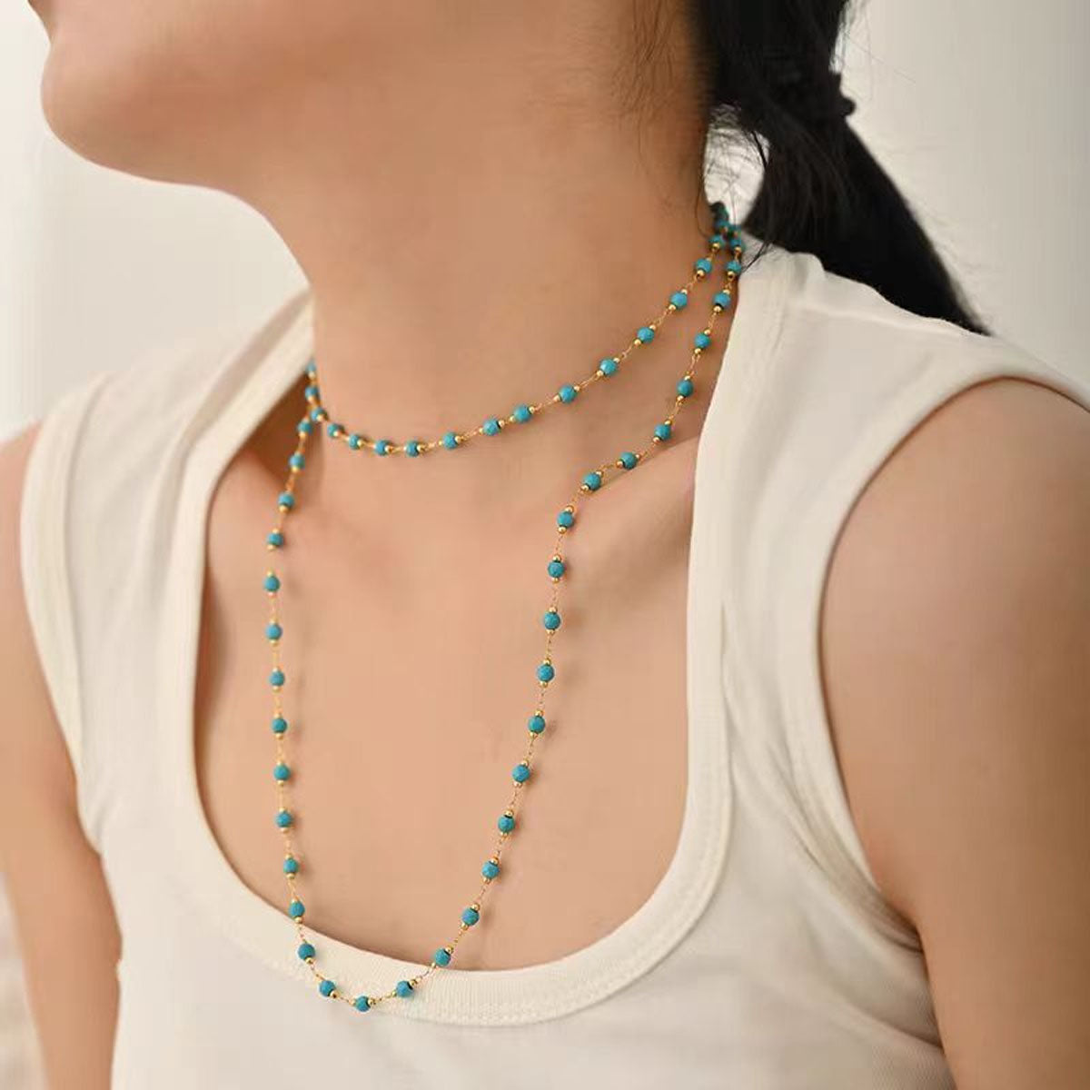 Juego de Joyería Turquesa Vintage: Collar y Pulsera de Cuentas, Estilo Francés Retro y Elegante para Suéter