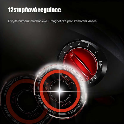 Bezpečnostní kovový černo-červený naviják s kapkovitou cívkou, set prutu na přívlač, daleké náhozy, naviják na lov z mostu a na člunu, speciálně pro lov parmy.