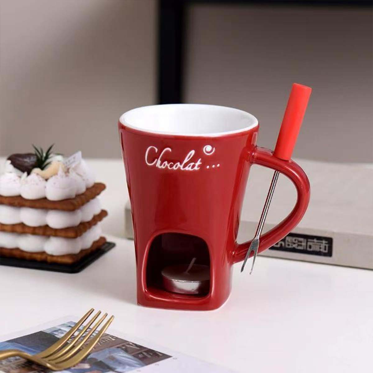 Taza de cerámica para chocolate, calentador de fondue, taza de fondue suizo para helado, taza de fondue de queso con tenedor incluido.