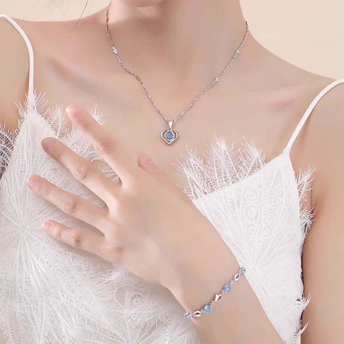 Nuevo set de diseño exclusivo "Corazón del Océano" | Collar con cristal azul en forma de corazón, pulsera de zirconia, joyería de amor para mujer.