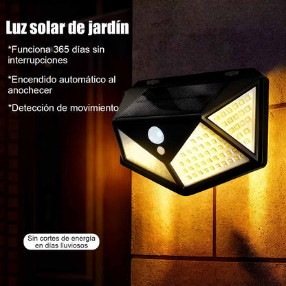 Lámpara de pared solar LED para exteriores, de cuatro caras iluminadas, con sensor de movimiento, ideal para jardines y patios.