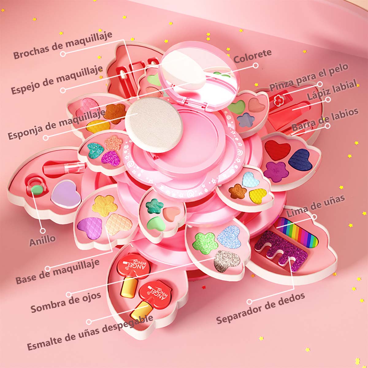 Set de maquillaje para niñas, caja de maquillaje giratoria con esmaltes de uñas, juguete de princesa para niñas, ideal como regalo de cumpleaños.