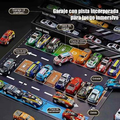 Colección de Coches de Hojalata Clásicos para Niños - Juguete Educativo con Parque de Estacionamiento y Camión Portacontenedores a Fricción