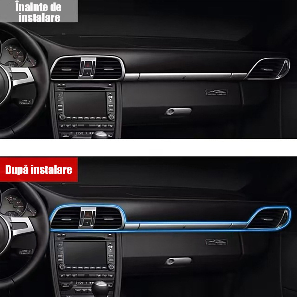 Lumini ambientale auto multicolore, cu fir rece, USB, controlate vocal, fără cablare, bandă decorativă wireless pentru iluminare atmosferică în mașină