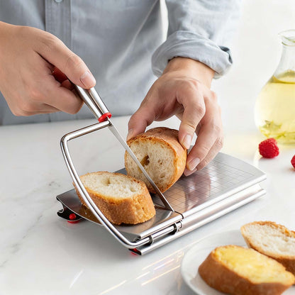 Cortador de Queso Multifunción con Escala - Rebanador de Queso, Mantequilla y Jamón de Acero Inoxidable, Base Antideslizante, Incluye Afilador