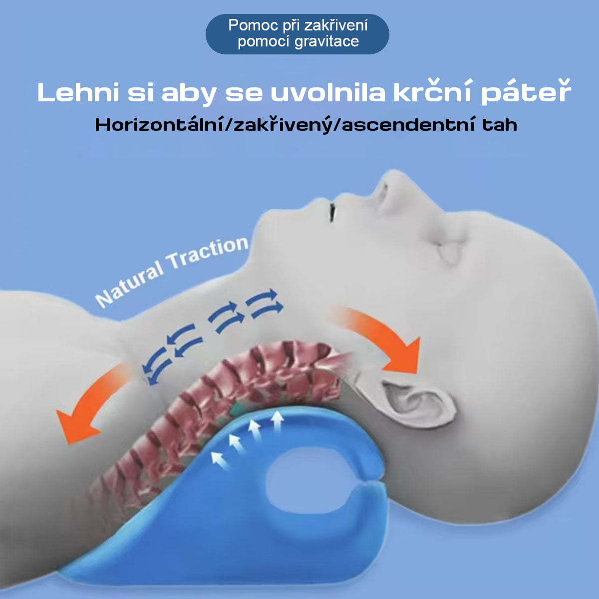 C-tvarovaný masážní polštář na krční páteř – domácí gravitační akupresurní a trakční pomůcka pro uvolnění krku a ramen.