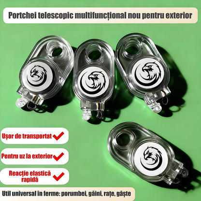 Cheie retractabilă multifuncțională pentru exterior, cu revenire controlată și fixare rapidă, previne pierderea și se atașează instant la rucsac sau încheietură.