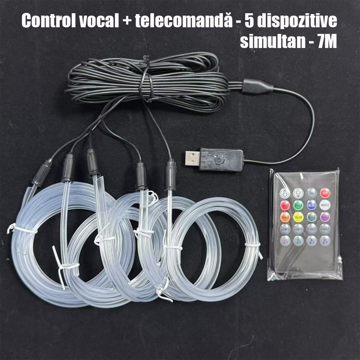 Lumini ambientale auto multicolore, cu fir rece, USB, controlate vocal, fără cablare, bandă decorativă wireless pentru iluminare atmosferică în mașină