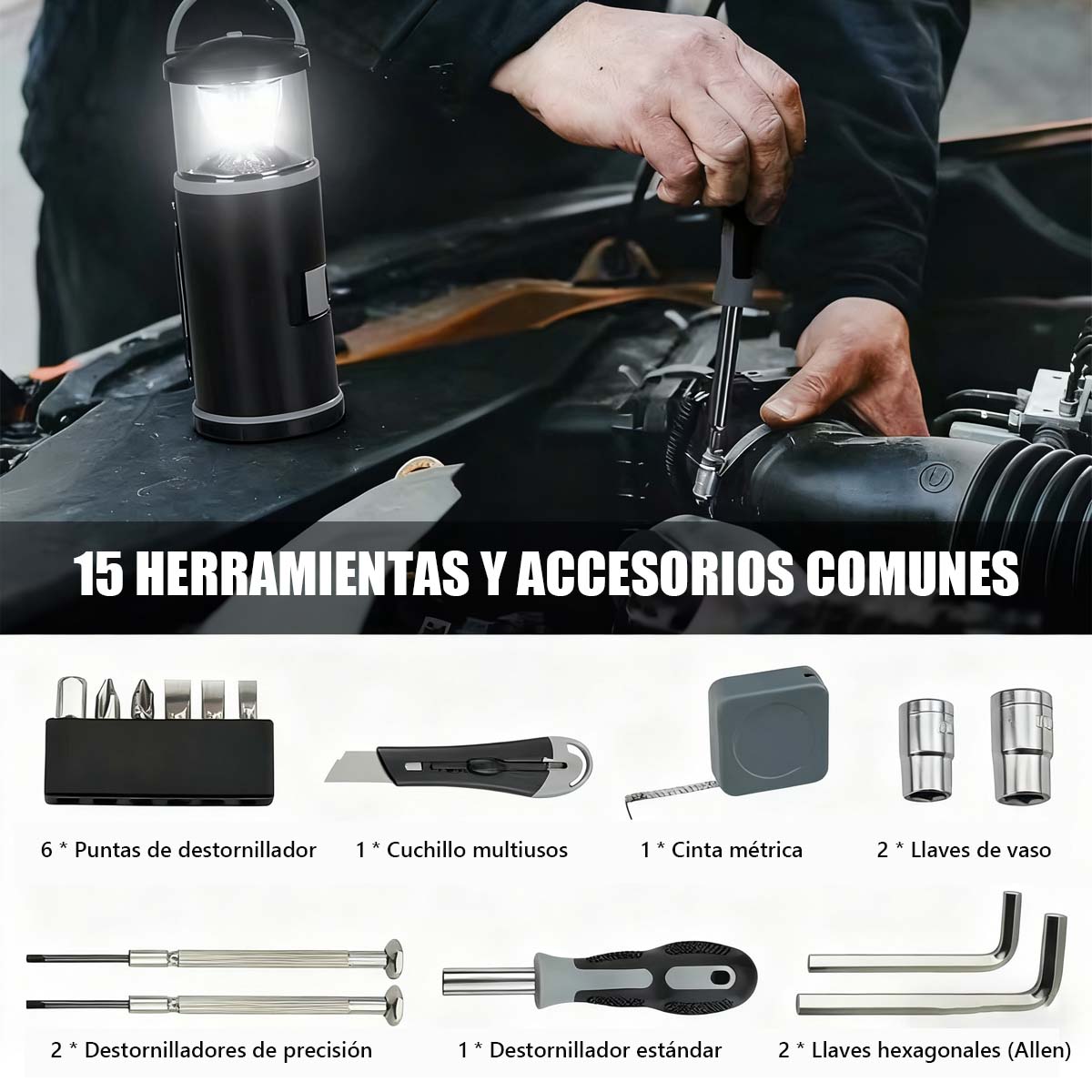 Conjunto creativo de herramientas y lámpara portátil para exteriores y uso doméstico: lámpara de camping tipo farol y juego de herramientas de ferretería