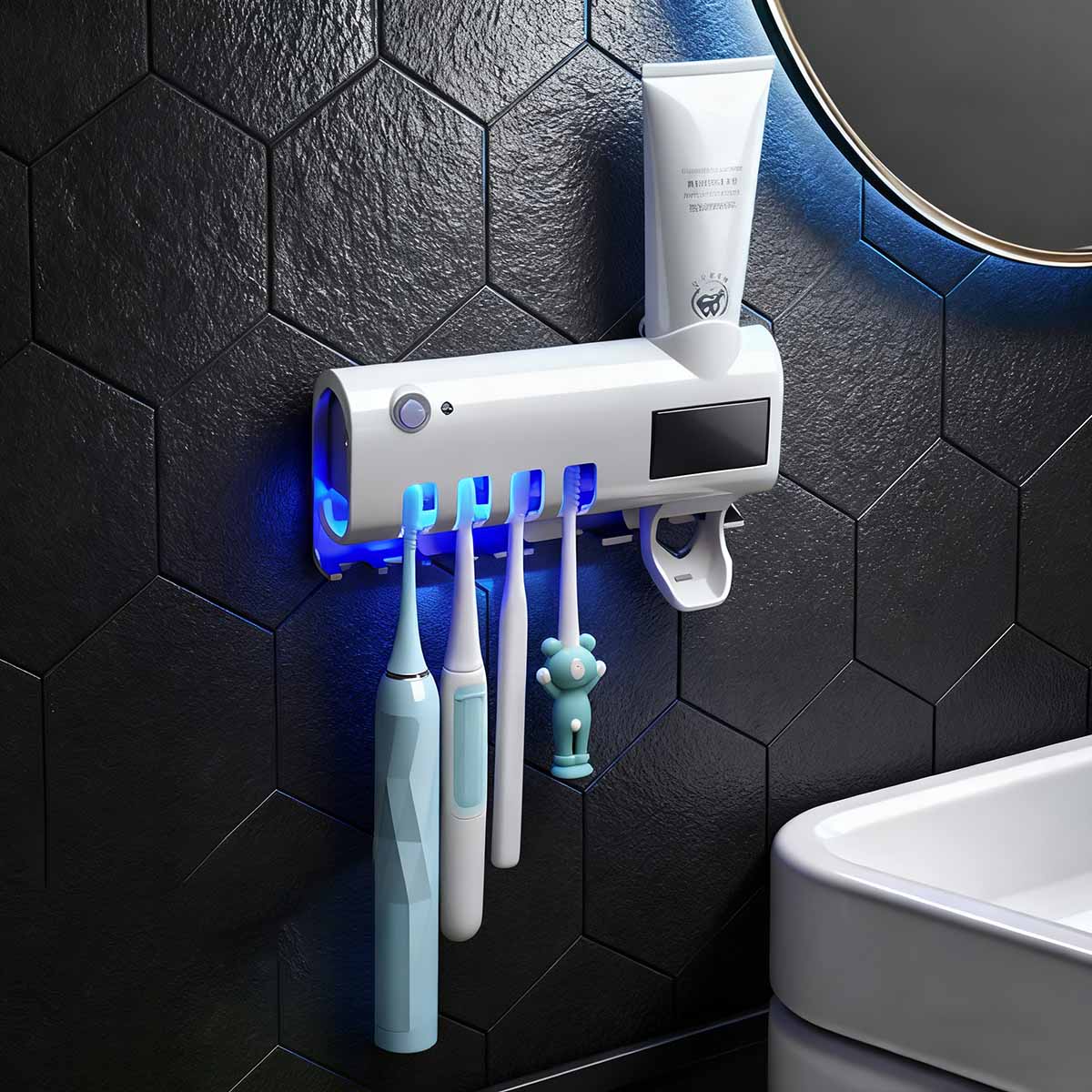 Esterilizador UV Inteligente para Cepillos de Dientes - Soporte de Pared Sin Taladro, Organiza y Desinfecta en el Baño