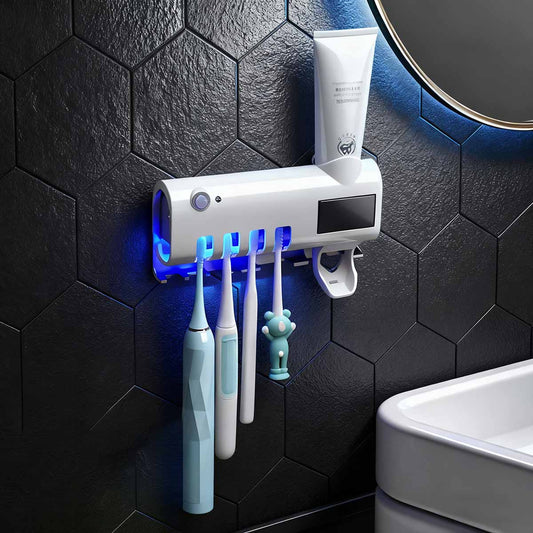 Esterilizador UV Inteligente para Cepillos de Dientes - Soporte de Pared Sin Taladro, Organiza y Desinfecta en el Baño