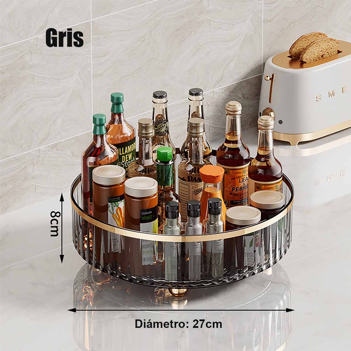 Elegante estante giratorio de almacenamiento, plato giratorio transparente para cocina, soporte de especias y salsas, organizador de almacenamiento para mesa de cocina y sala.