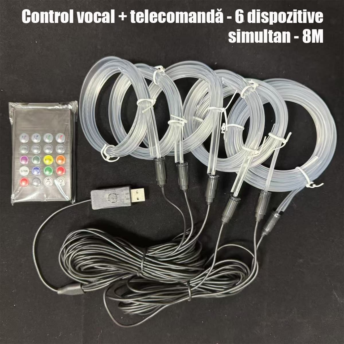 Lumini ambientale auto multicolore, cu fir rece, USB, controlate vocal, fără cablare, bandă decorativă wireless pentru iluminare atmosferică în mașină