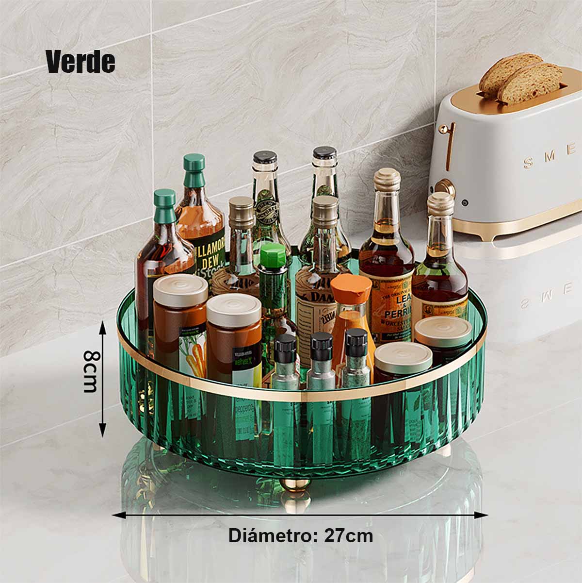 Elegante estante giratorio de almacenamiento, plato giratorio transparente para cocina, soporte de especias y salsas, organizador de almacenamiento para mesa de cocina y sala.