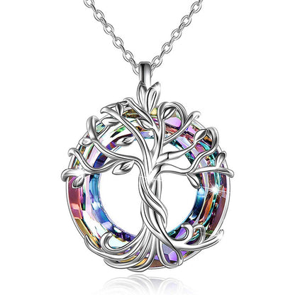 "Collar de cristal del árbol de la vida, colgante de cristal con anillo circular de colores incrustado en aleación."