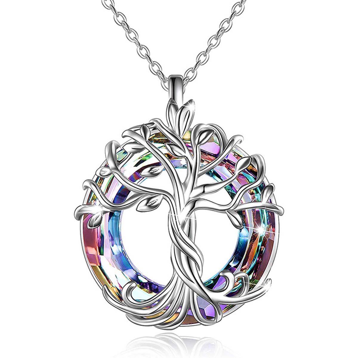 "Collar de cristal del árbol de la vida, colgante de cristal con anillo circular de colores incrustado en aleación."