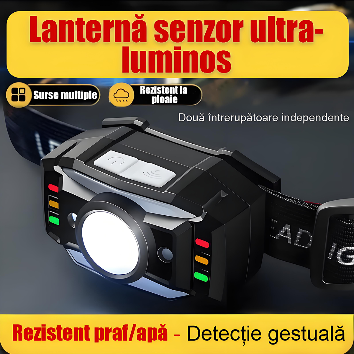 Lampă frontală inteligentă cu senzor, multifuncțională, cu multiple surse de lumină, reîncărcabilă, pentru exterior.