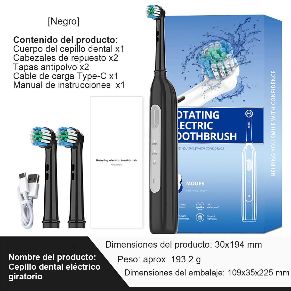 "Cepillo de dientes eléctrico rotatorio de tendencia, larga duración, estándar DuPont de limpieza, eje metálico, cabezal redondo."