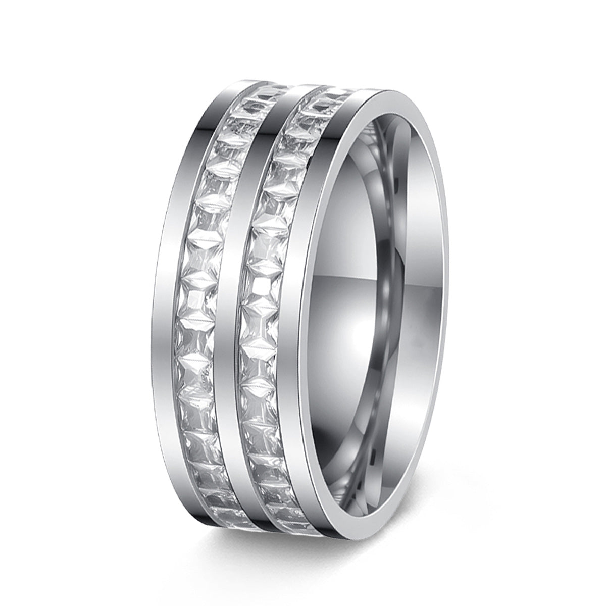 Anillo moderno de acero de titanio con circonitas — diseño cuadrado con incrustaciones, efecto “cielo estrellado”, color oro rosa, accesorio de moda.