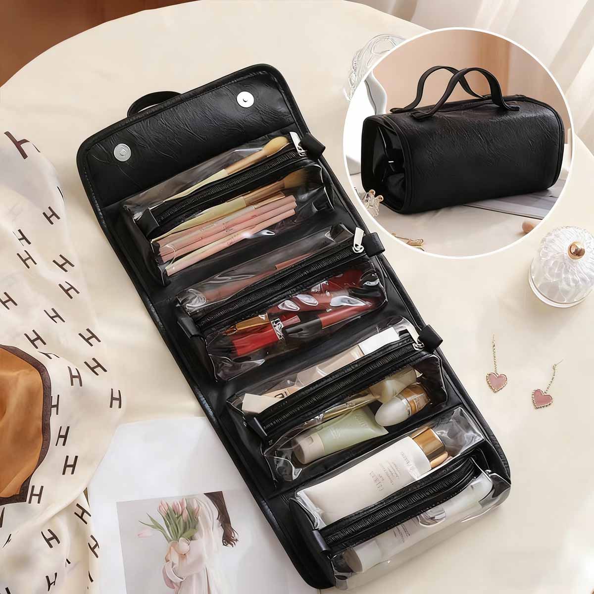 Bolso de maquillaje colgante y desmontable para personas perezosas; bolso de almacenamiento plegable y portátil de cremoso para viajes, que combina cuatro funciones en uno (maquillaje y aseo).